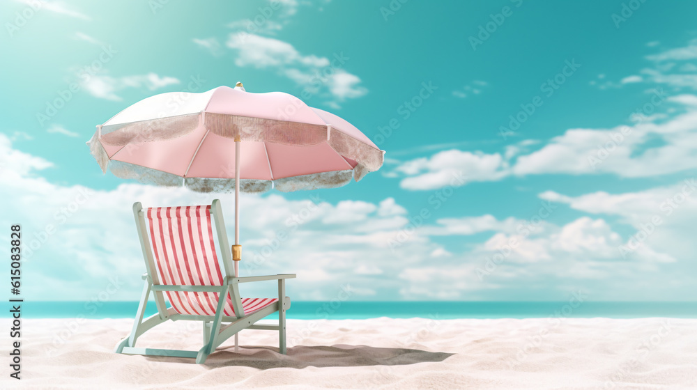 Beach summer Outdoor Beach chair sunglasses with umbrella sunny day sky with clouds amazing blue ocean sea island - obrazy, fototapety, plakaty 