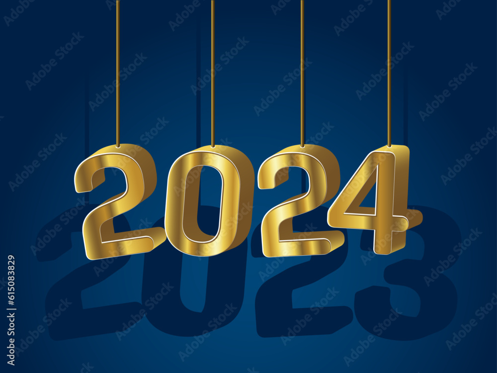 Golden 2024 with the shadow of 2023 design on a dark blue background. New year celebration concept for greeting card, banner and post template Golden 2024 with the shadow of 2023 design on a dark blue background. New year celebration concept for greeting card, banner and post template