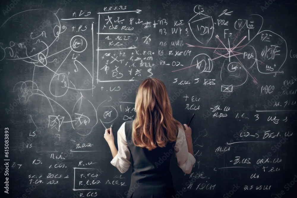 Student girl solving a complex mathematical equation on a giant chalkboard, with mathematical formulas - obrazy, fototapety, plakaty 