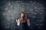Student girl solving a complex mathematical equation on a giant chalkboard, with mathematical formulas