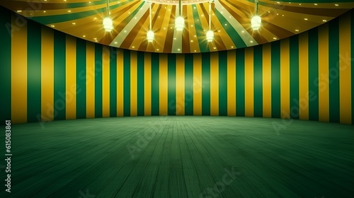 A circus background with colors yellow, green and red with space to promote products and events. Generative ai.