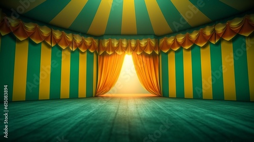 A circus background with colors yellow, green and red with space to promote products and events. Generative ai.