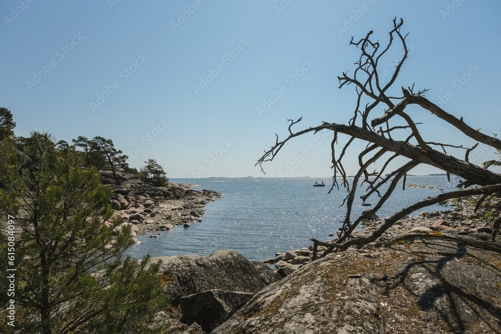 Helsinki archipelago island Pihlajasaaren with woods, trees, rocky sandy beaches and spectacular bay views of downtown skyline and other channel islands with beautiful serene nature landscape scenery