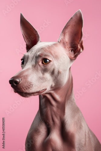 Beautiful dog portrait on pink background. Close up view. Generative AI.
