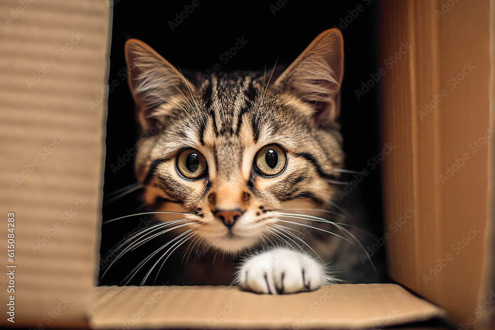 cats playing in cardboard boxes, moving to new house
