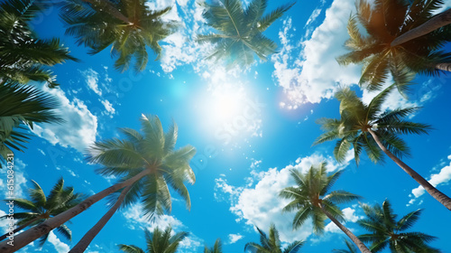 Blue sky and palm trees view from below, tropical beach and summer landscape