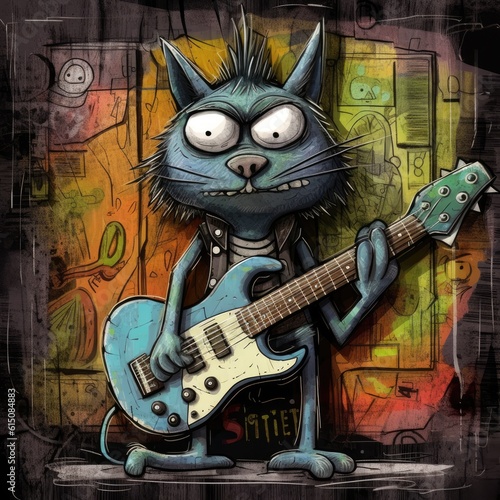 Cute emo monster cat with guitar animal illustration, charcoal hand draw, generative ai poster wall art