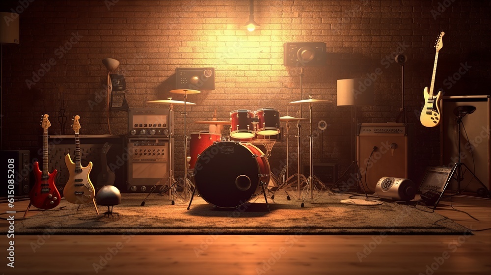 A rock band setup room with instruments. With space to promote events. Generative ai.