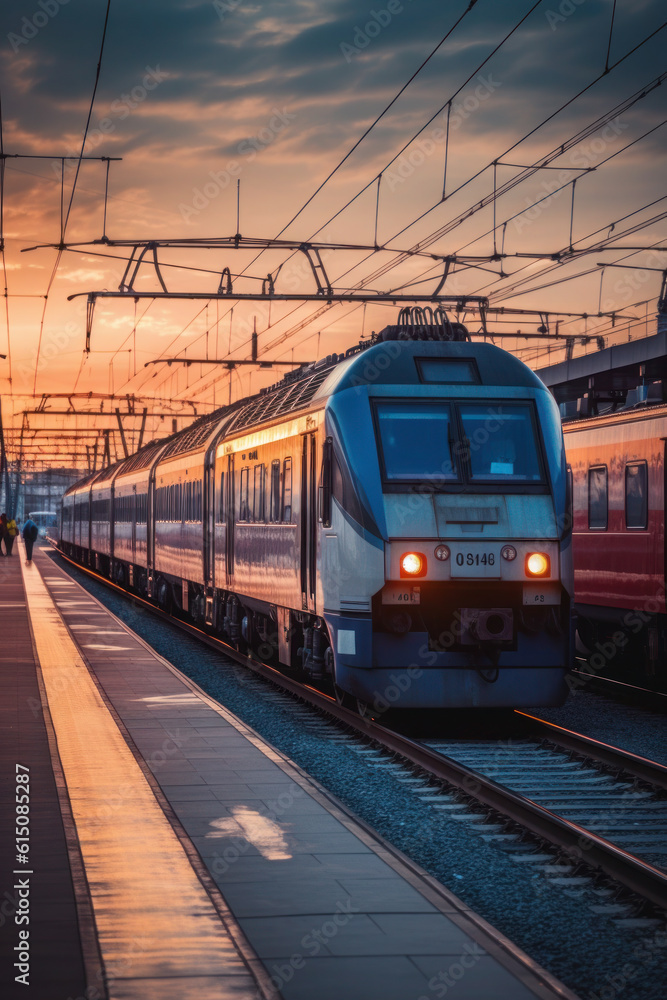 Fototapeta premium High train on the railway station at sunset. modern passenger train on railway platform. generative ai, ai generative
