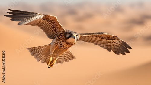 A majestic falcon roaming a vast desert landscape. Created with Generative AI Technology