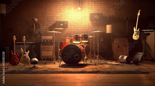 Obraz na płótnie A rock band setup room with instruments. With space to promote events. Generative ai. w salonie