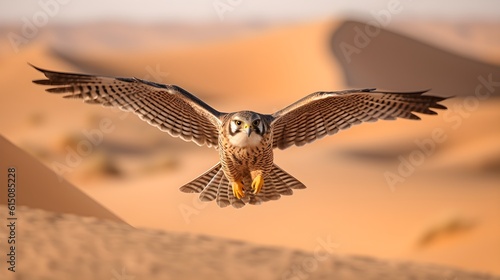 A majestic falcon roaming a vast desert landscape. Created with Generative AI Technology