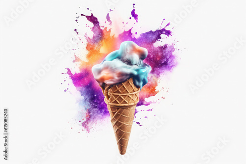 purple ice cream in a waffle cone. magical dessert to space and universe. generative ai, ai generative
