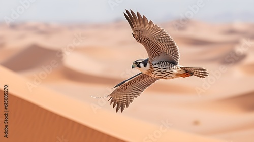 A majestic falcon roaming a vast desert landscape. Created with Generative AI Technology