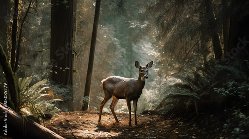 Deer in a temperate forest. Generative AI © PIRMYN