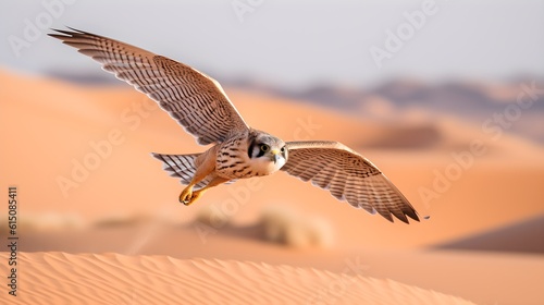 A majestic falcon roaming a vast desert landscape. Created with Generative AI Technology