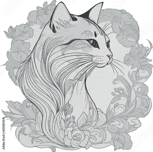 Line drawing cat wrapped in flowers