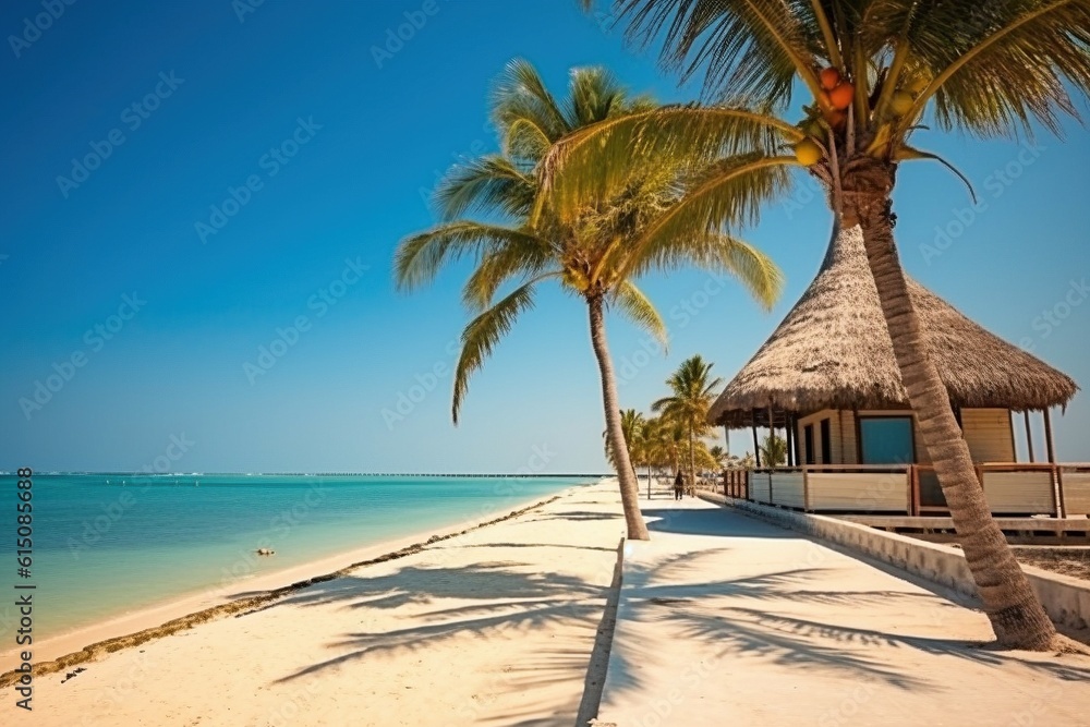 Tranquil Sandy Beach with Palm Trees, Thatched Umbrella, and Hut by the Clear Blue Water Tranquil Sandy Beach with Palm Trees, Thatched Umbrella, and Hut by the Clear Blue Water