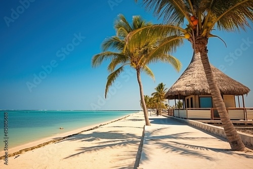 Tranquil Sandy Beach with Palm Trees, Thatched Umbrella, and Hut by the Clear Blue Water