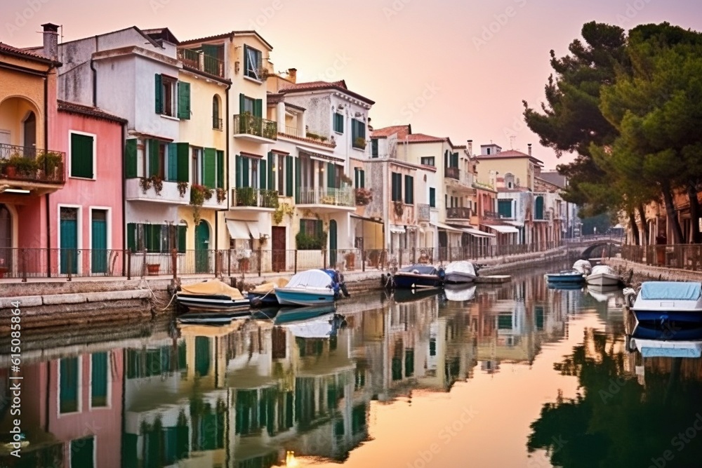 Picturesque Waterfront Scene with Row of Houses, Buildings, and Docked Boats