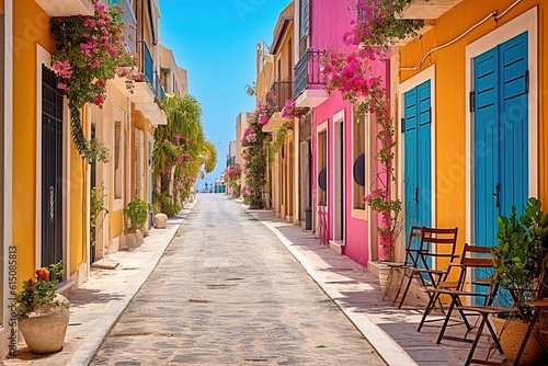 Picturesque Street with Colorful Houses, Trees, and Chairs Along the Sidewalk © Digital Dreamscape
