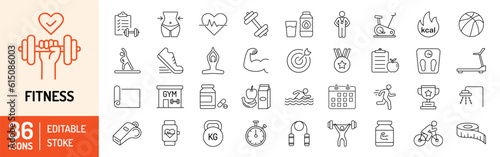 Fitness editable stroke outline icons set. Fitness,  exercise, weight loss, dumbbell, running, gym, diet and calorie. Vector illustration