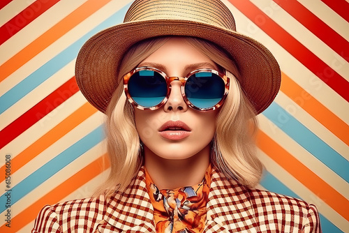 Portrait of a woman wearing sunglasses, vintage fashion style.