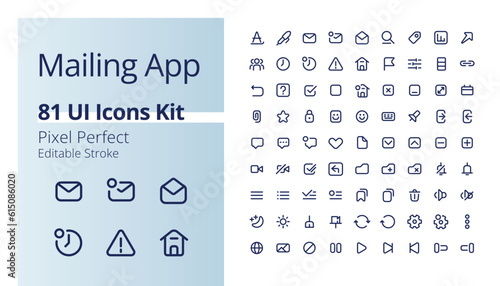 Mailing app pixel perfect linear ui icons kit. Digital communication technology. Online messenger features. Outline isolated user interface elements. Editable stroke. Poppins font used