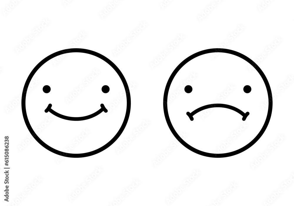 Fototapeta premium Black circle face happy smily and unhappy sad emoji icon flat vector design