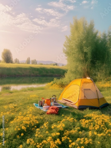 Riverside Picnic - Fresh Green Grass, Yellow Flowers, Fruit, Cakes, and Camping under Blue Sky - Captured in 8K Film Photography