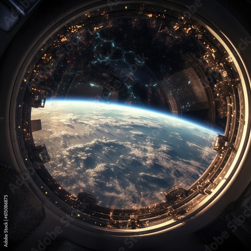 Drone's Eye View of Earth Orbit - Multi-Faceted Window with Space Debris 