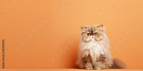 Persian Cat Poses for Ultra-Realistic 32K UHD Stock Photo on Orange Pastel Background with Copy Space and Insanely Detailed Close-Up Shot