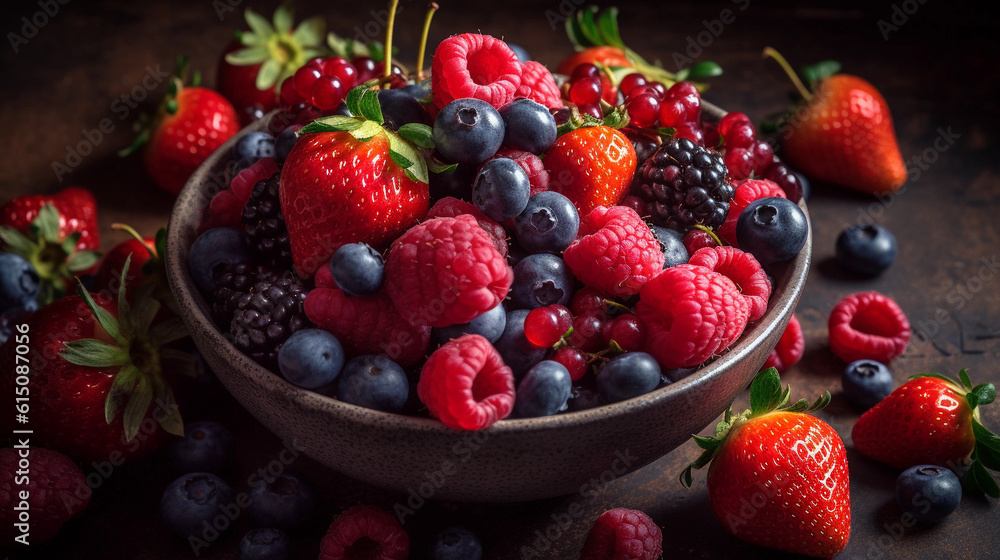 A bowl of vibrant mixed berries, including strawberries, blueberries, and raspberries A bowl of vibrant mixed berries, including strawberries, blueberries, and raspberries