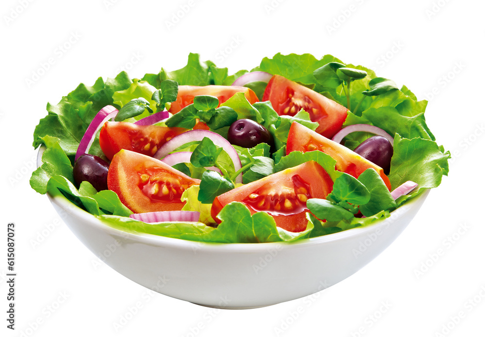 Tigela com salada de folhas verdes, cebola, tomate, azeitona, alface e rúcula isolado em fundo transparente 