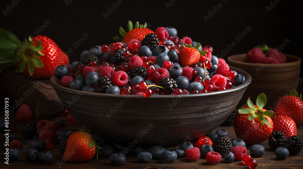 A bowl of vibrant mixed berries, including strawberries, blueberries, and raspberries A bowl of vibrant mixed berries, including strawberries, blueberries, and raspberries