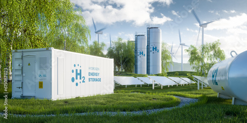 The concept of storing electrical energy in hydrogen by electrolysis. The system captures an electrolysis unit, storage tanks, solar and wind power plants on a lush lawn among the trees. 3d rendering photo
