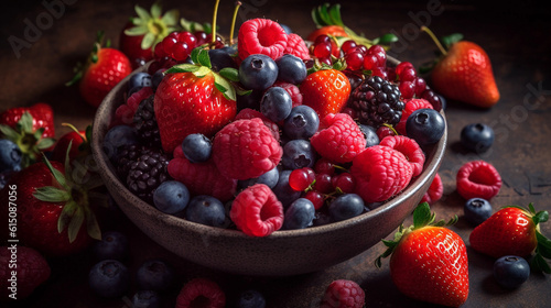 A bowl of vibrant mixed berries  including strawberries  blueberries  and raspberries