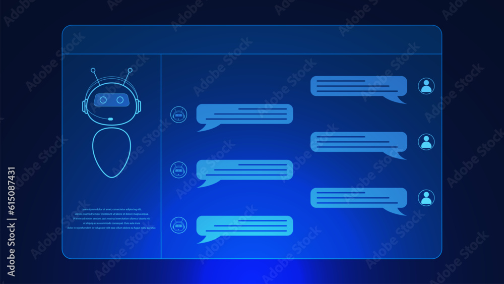 AI chat bot with robot. Digital chatbot. Humans ask and answer received. Virtual assistant with smart Artificial Intelligence AI technology concept background. AI chat bot with robot. Digital chatbot. Humans ask and answer received. Virtual assistant with smart Artificial Intelligence AI technology concept background.