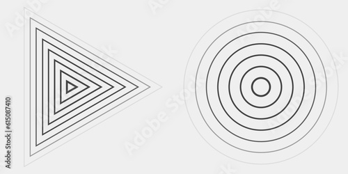 Abstract black concentric, hypnotic circle and triangle elements isolated on a light background. Color halftone ring and polygon pattern. Geometric centric vector illustration with editable stroke