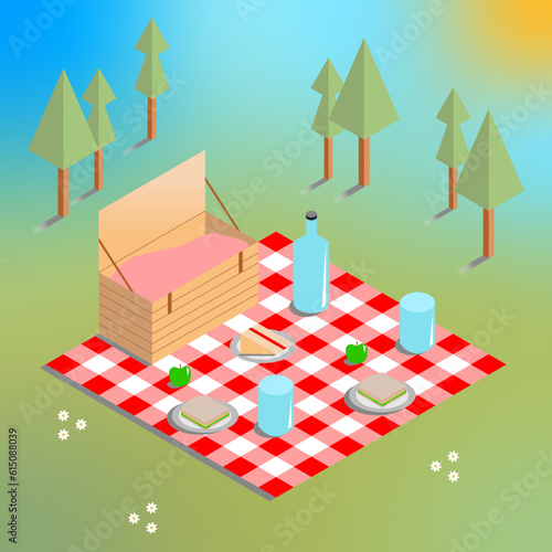 Illustration of an outdoor picnic in a park on a sunny day editable isometric vector 
