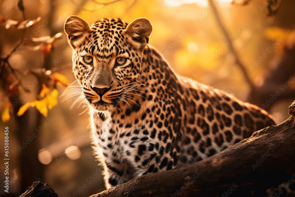a leopard sits by a tree branch in the sun in the forest, Generative AI a leopard sits by a tree branch in the sun in the forest, Generative AI