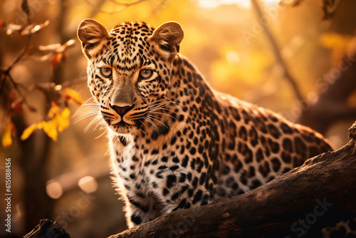 a leopard sits by a tree branch in the sun in the forest  Generative AI