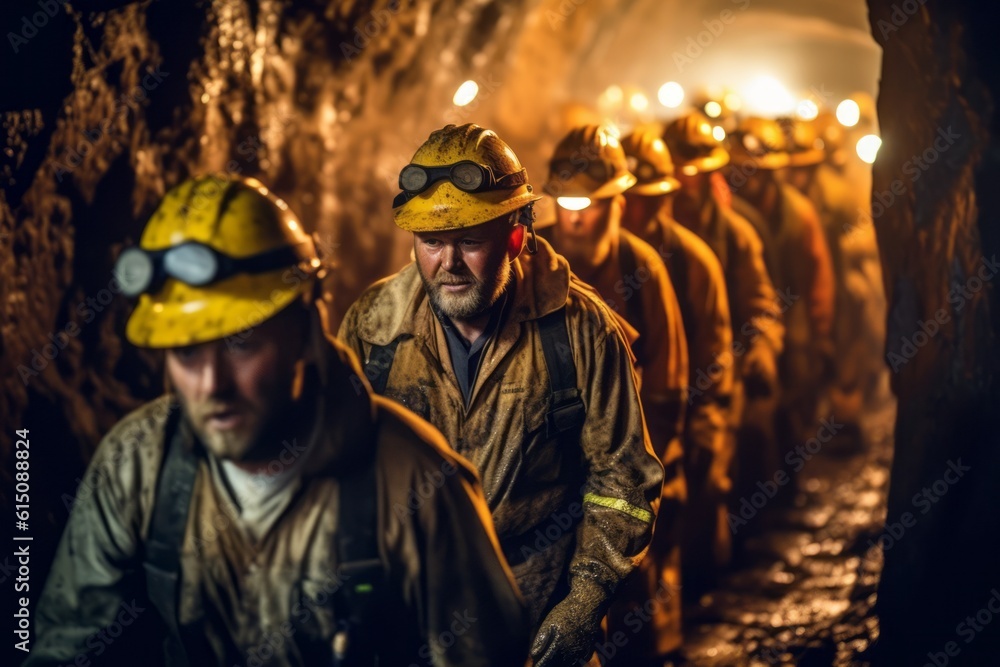 A group of miners collaborating and working together in a dark underground tunnel, representing the importance of teamwork and camaraderie in the mining industry. Generative Ai A group of miners collaborating and working together in a dark underground tunnel, representing the importance of teamwork and camaraderie in the mining industry. Generative Ai
