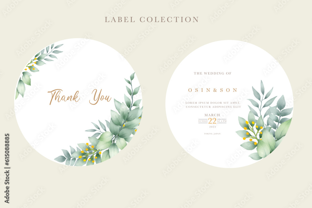 Naklejka premium watercolor green leaves label in nature style