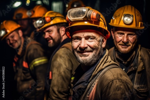 A group of miners collaborating and working together in a dark underground tunnel, representing the importance of teamwork and camaraderie in the mining industry. Generative Ai