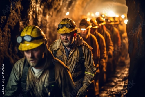 A group of miners collaborating and working together in a dark underground tunnel, representing the importance of teamwork and camaraderie in the mining industry. Generative Ai