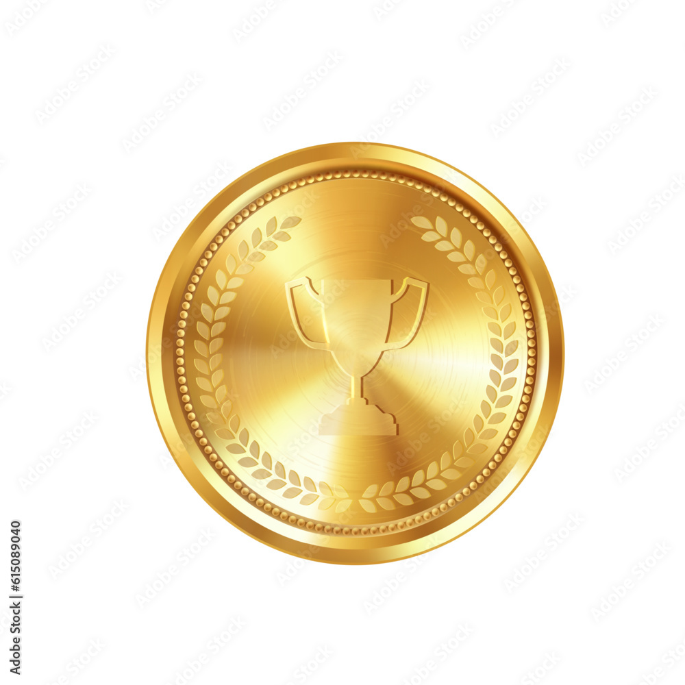 Realistic gold medal with engraved laurel wreath and winner cup ...
