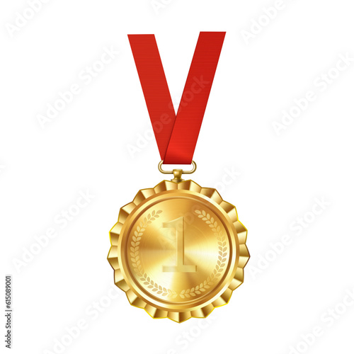 Realistic golden medal on red ribbon with engraved number one. Sports competition awards for first place. Championship reward for achievements and victory.