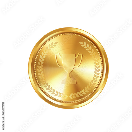 Realistic gold medal with engraved laurel wreath and winner cup. Versatile designs for custom awards and creative projects.