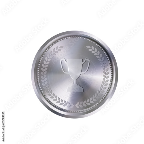 Realistic silver medal with engraved laurel wreath and winner cup. Versatile designs for custom awards and creative projects.